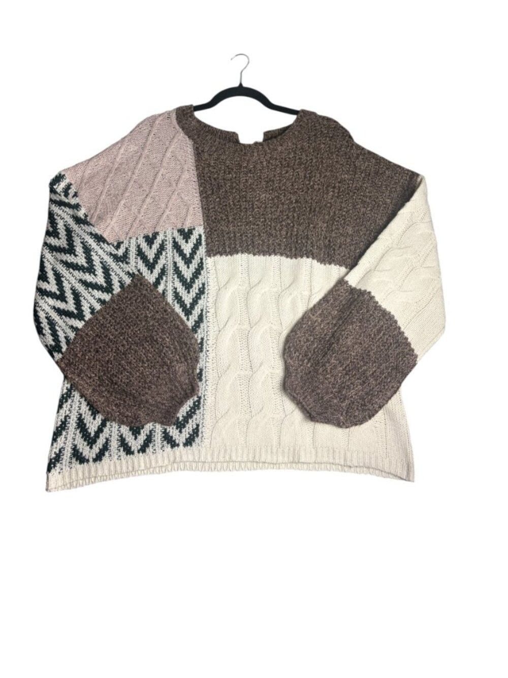 Women's Xl Sweater Patchwork Cable Knit Pullover Balloon Sleeve Chevron Brown - Picture 3 of 8